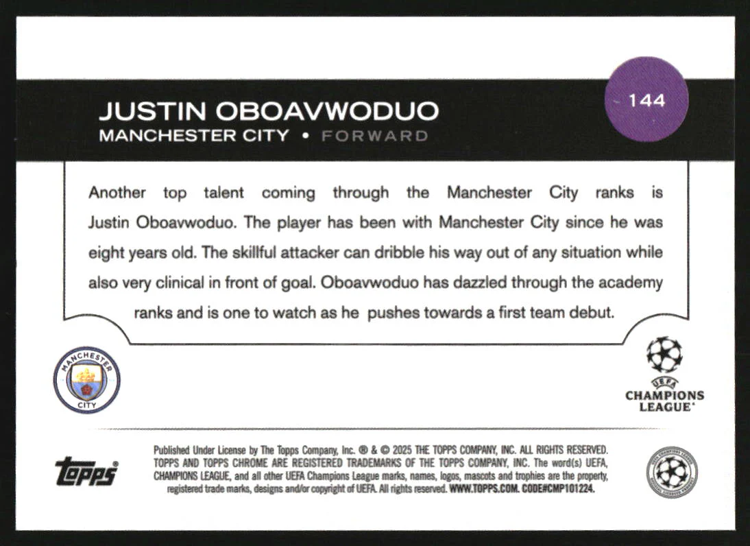 2024-25 Topps Chrome UEFA Orange Lava Refractor #144 Justin Oboavwoduo RC /25 - Image 2