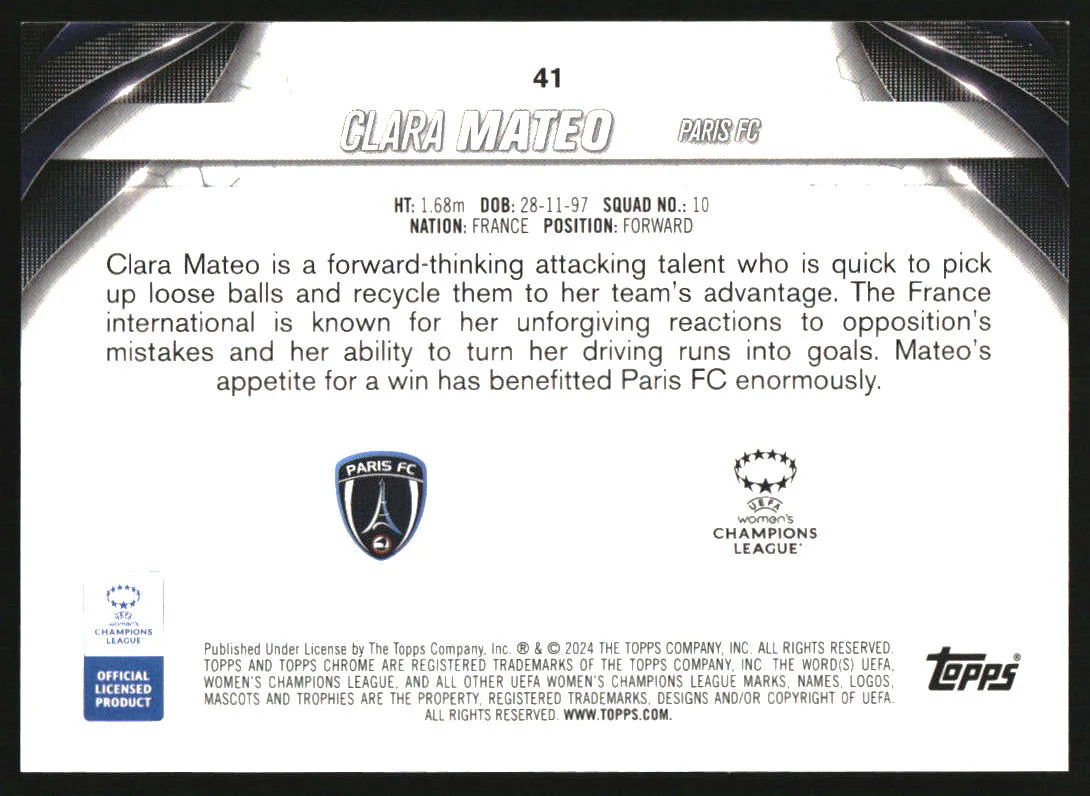 2023-24 Topps Chrome Sapphire Edition UEFA Women's Black #41 Clara Mateo /10 - Image 2