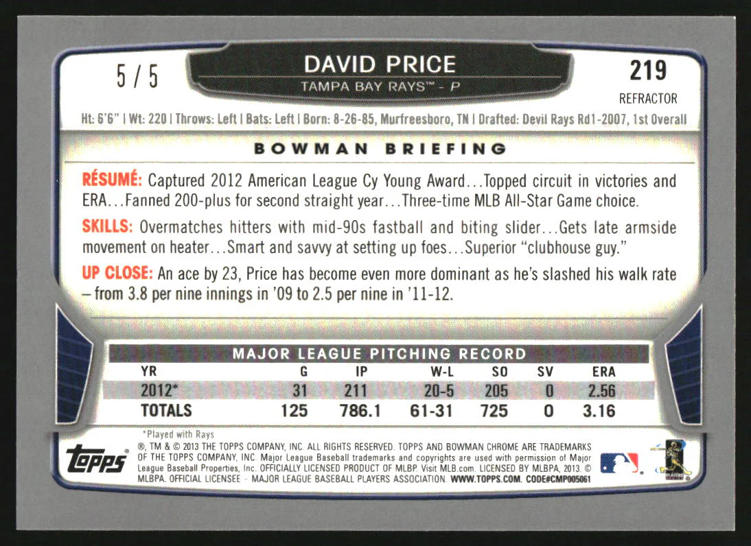 2013 Bowman Chrome Red Refractors #219 David Price /5 - Image 2