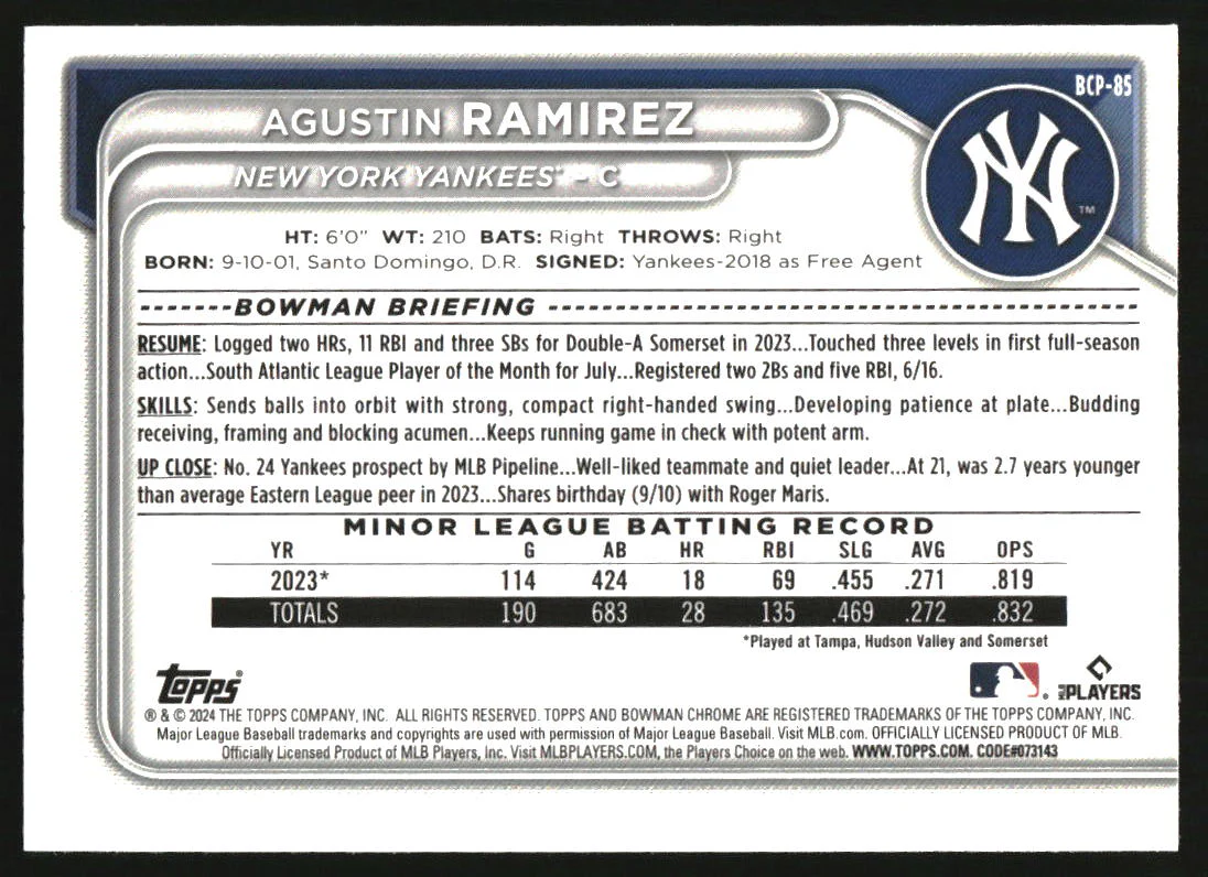 2024 Bowman Sapphire Chrome Gold Sapphire #BCP-85 Agustin Ramirez RC /50 - Image 2