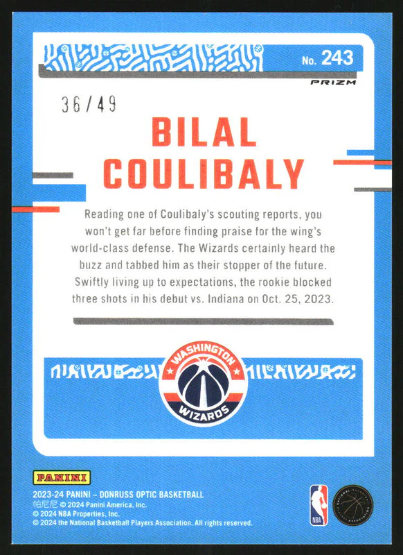 2023-24 Panini Donruss Optic Green Velocity #243 Bilal Coulibaly RC Rookie /49 - Image 2