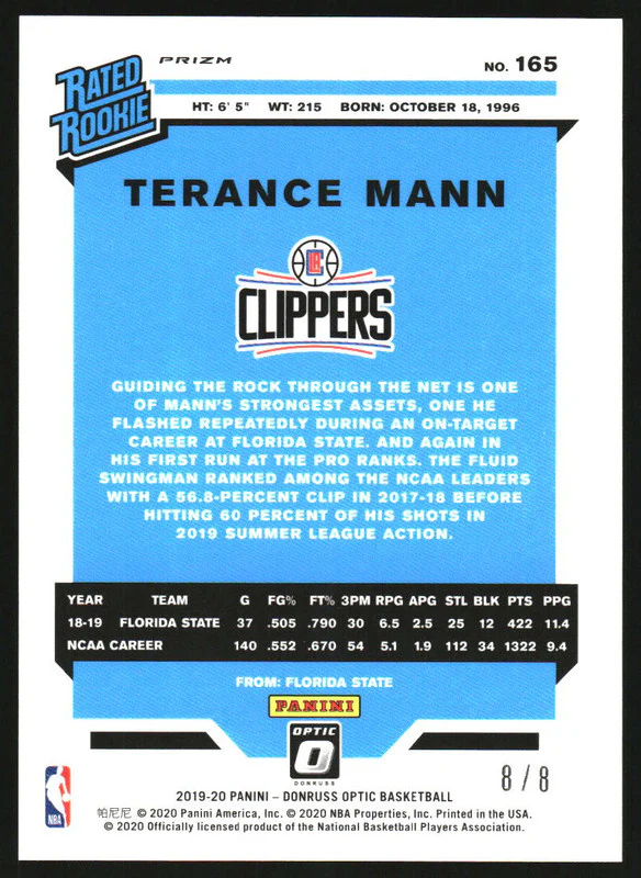 2019-20 Panini Donruss Optic Choice Black Gold #165 Terance Mann RC /8 - Image 2