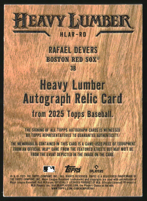 2025 Topps Heavy Lumber Autograph Relic #HLAR-RD Rafael Devers Auto - Image 2