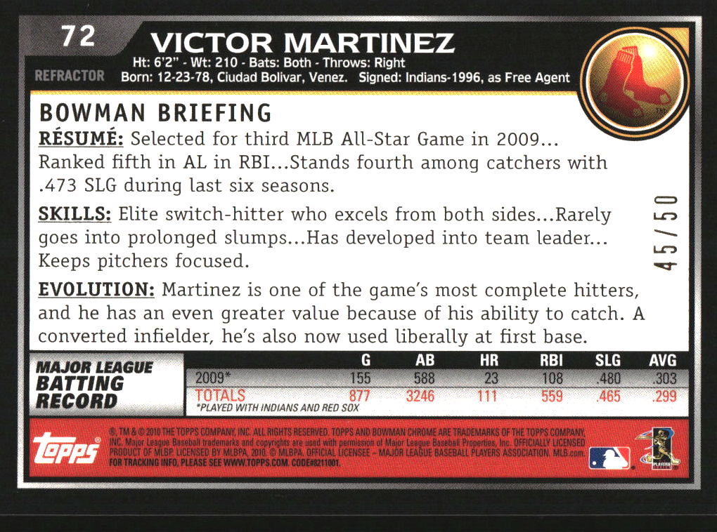 2010 Bowman Chrome Gold Refractors #72 Victor Martinez /50 - Image 2