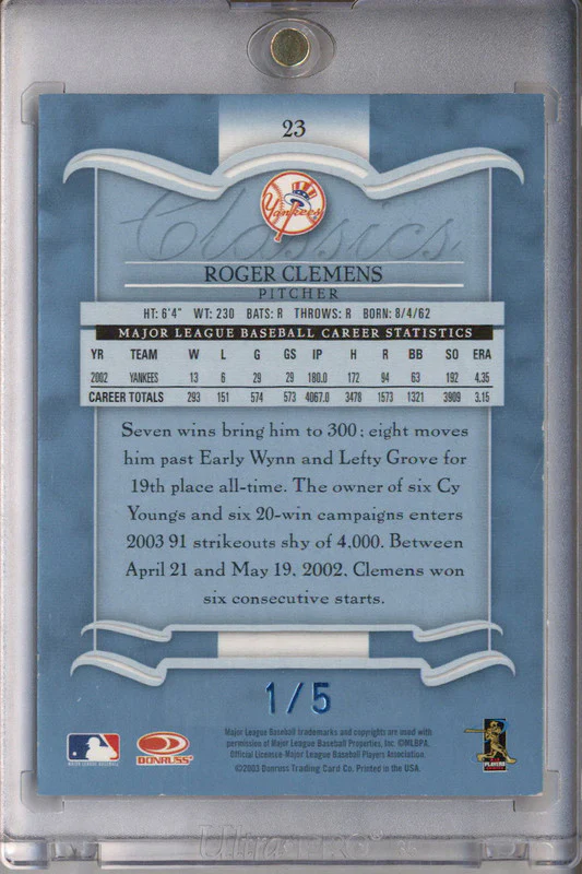 2003 Donruss Classics Significant Signatures #23 Roger Clemens Auto /5 - Image 2