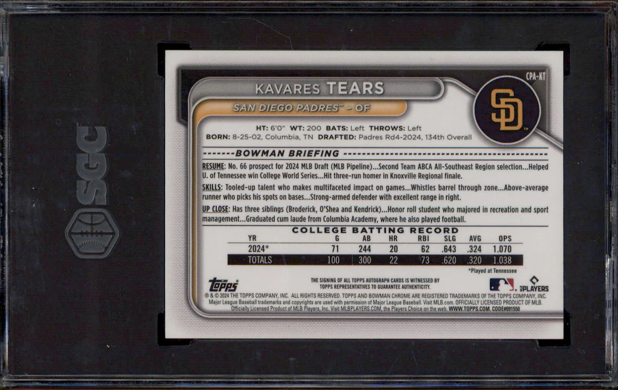 2024 Bowman Draft Chrome Auto Sparkle Refractor Kavares Tears RC /71 SGC 9 - Image 2