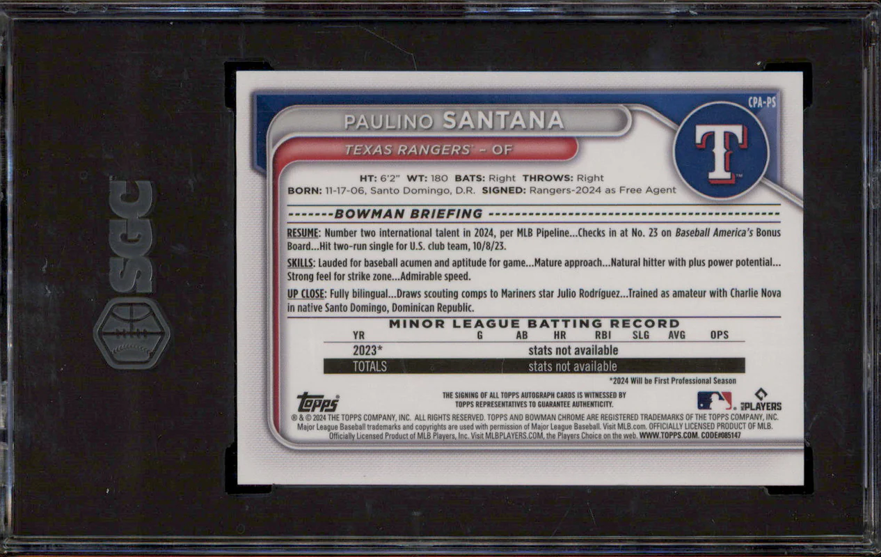 2024 Bowman Chrome Auto Green Lava Refractor Paulino Santana RC /99 SGC 9.5 - Image 2