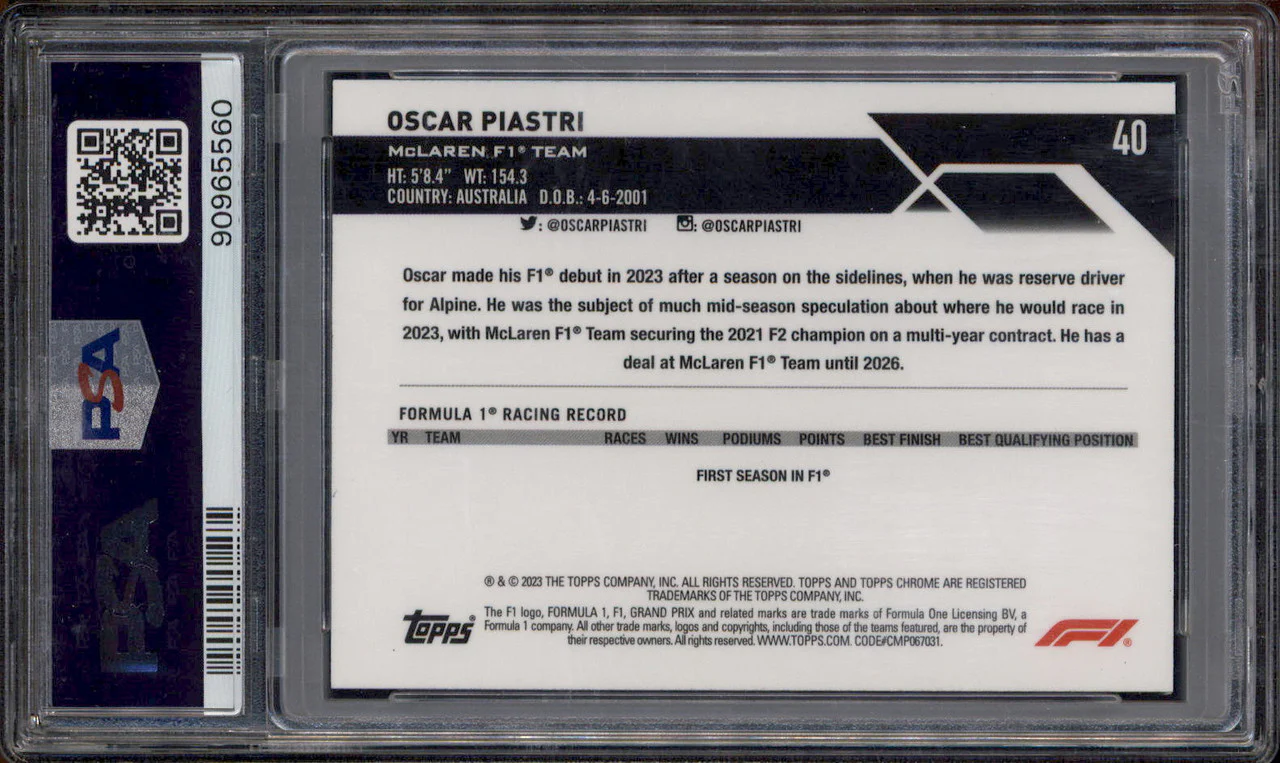2023 Topps Chrome Formula 1 Orange Refractor #40 Oscar Piastri RC /25 PSA 9 - Image 2