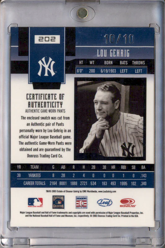 2003 Leaf Certified Materials Mirror Blue Materials #202 Lou Gehrig /10 - Image 2