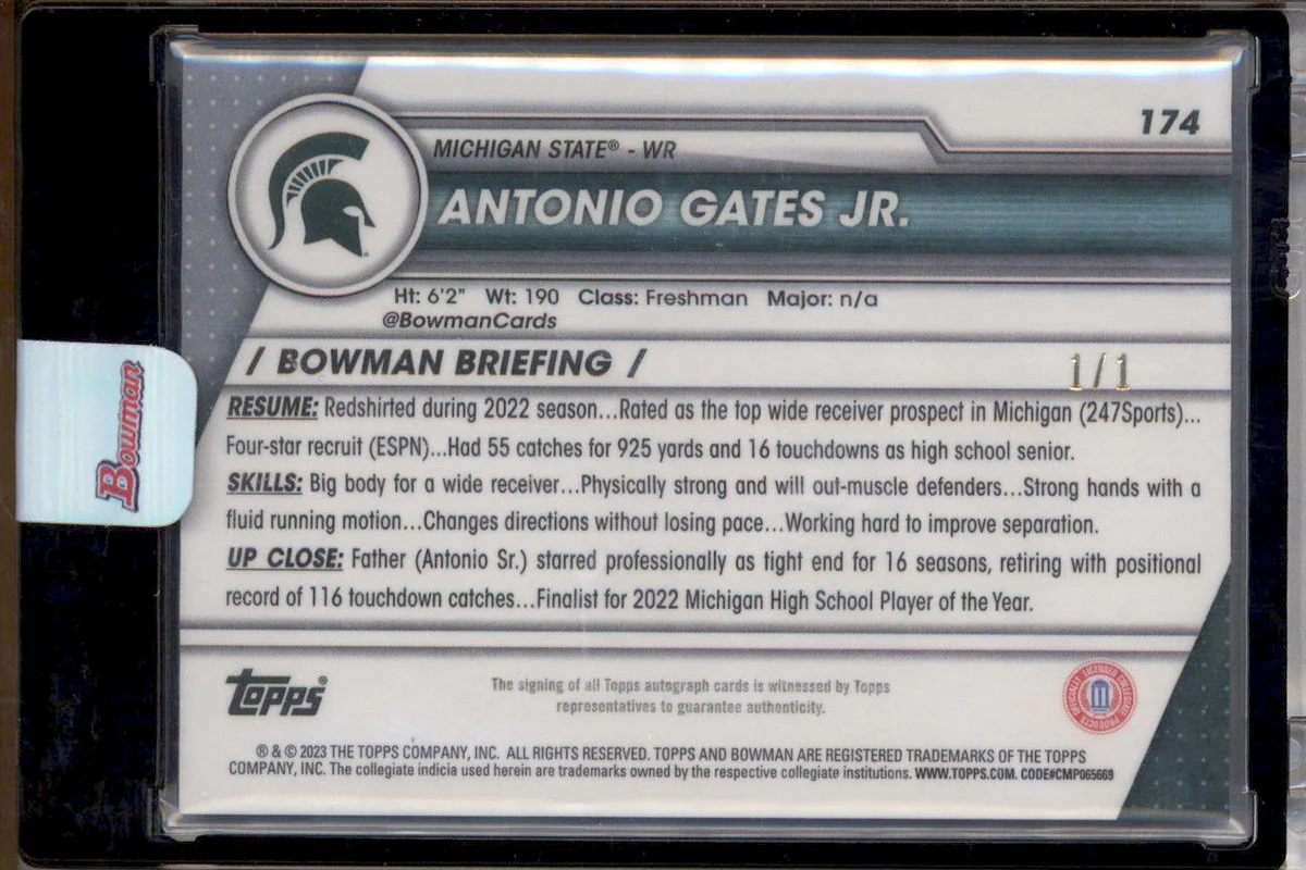 2023 Bowman University Chrome SuperFractor #174 Antonio Gates Jr. Auto 1/1 - Image 2
