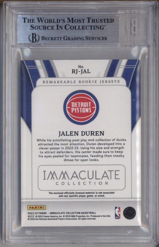 2022 Immaculate Collection Remarkable Jersey Platinum Jalen Duren RC 1/1 BGS 8 - Image 2