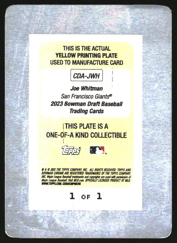 2023 Bowman Draft Chrome Autograph Printing Plate Yellow Joe Whitman RC Auto 1/1 - Image 2