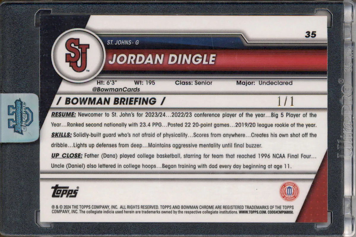 2023-24 Bowman Chrome University Black Shimmer Refractors Jordan Dingle RC 1/1 - Image 2