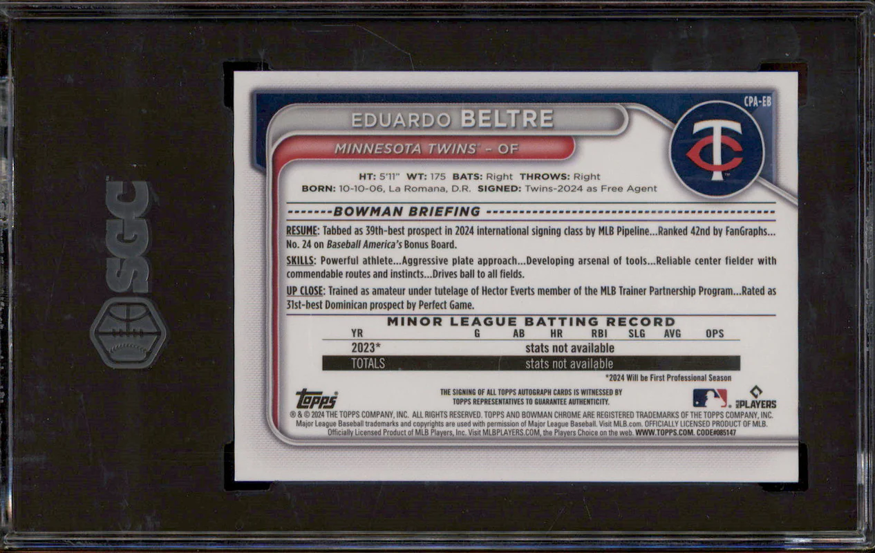 2024 Bowman Chrome Rookie Auto Green Lava Eduardo Beltre RC /99 SGC 9.5 - Image 2