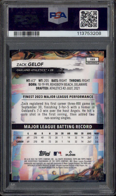 2024 Topps Finest Superfractor #199 Zack Gelof RC 1/1 PSA 9 - Image 2