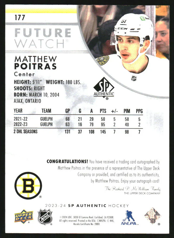 2023 SP Authentic #177 Matthew Poitras Autograph RC Future Watch Auto /999 - Image 2