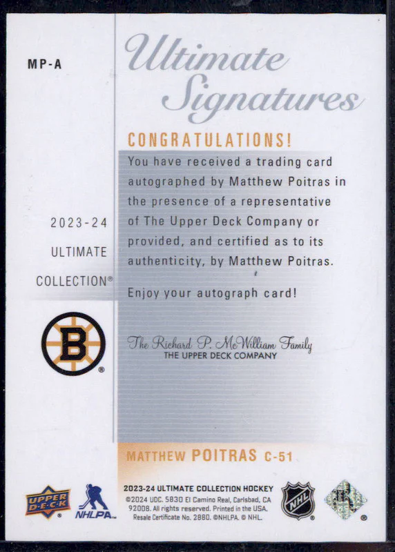 2023 Ultimate Collection 2003 04 Retro Signatures #MP-A Matthew Poitras Auto /65 - Image 2