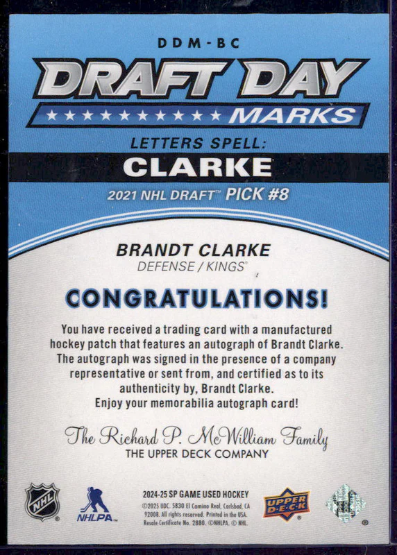 2024 UD SP Game Used Draft Day Marks Rookies #DDM-BC Brandt Clarke RC Auto /35 - Image 2
