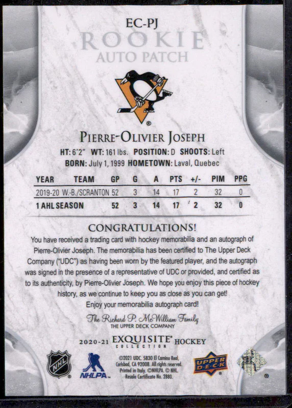 2020-21 The Cup Exquisite Rookie Auto Patch #EC-PJ Pierre-Olivier Joseph RC /73 - Image 2