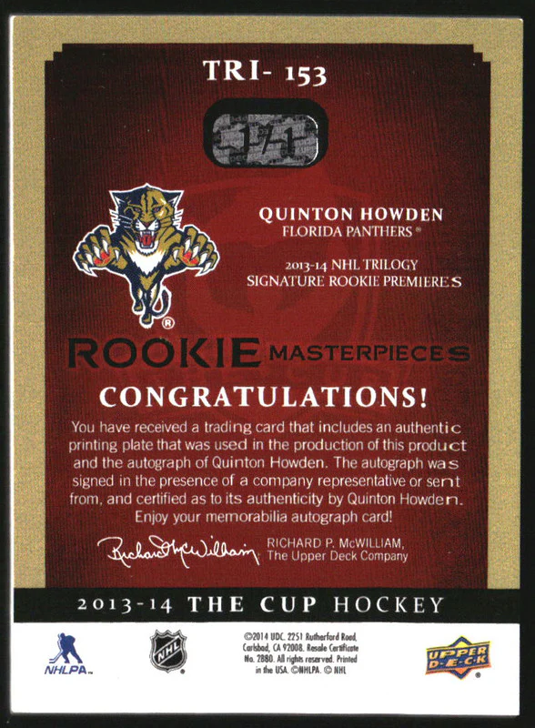 2013-14 The Cup Printing Plate Black Rookie Autograph Quinton Howden RC Auto 1/1 - Image 2