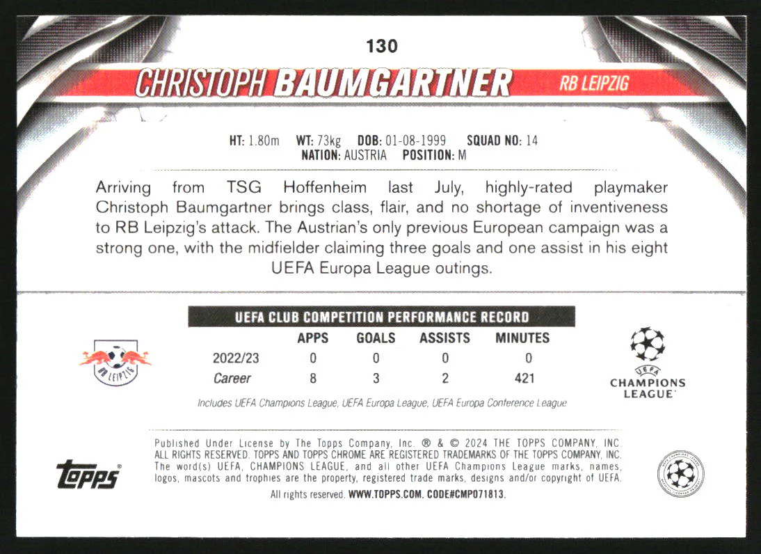 2023-24 Topps Chrome UEFA Club Competitions Orange Christoph Baumgartner /25 - Image 2