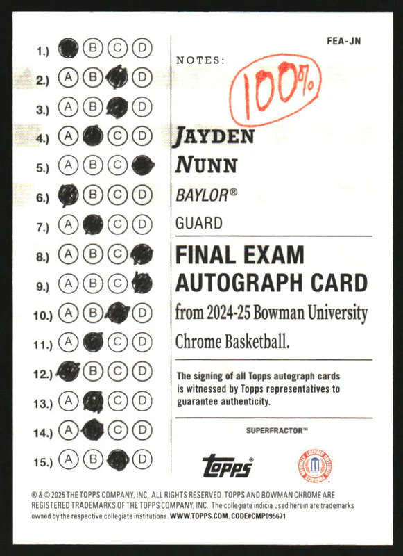 2024-25 Bowman University Chrome Final Exam Superfractor Jayden Nunn Auto 1/1 - Image 2
