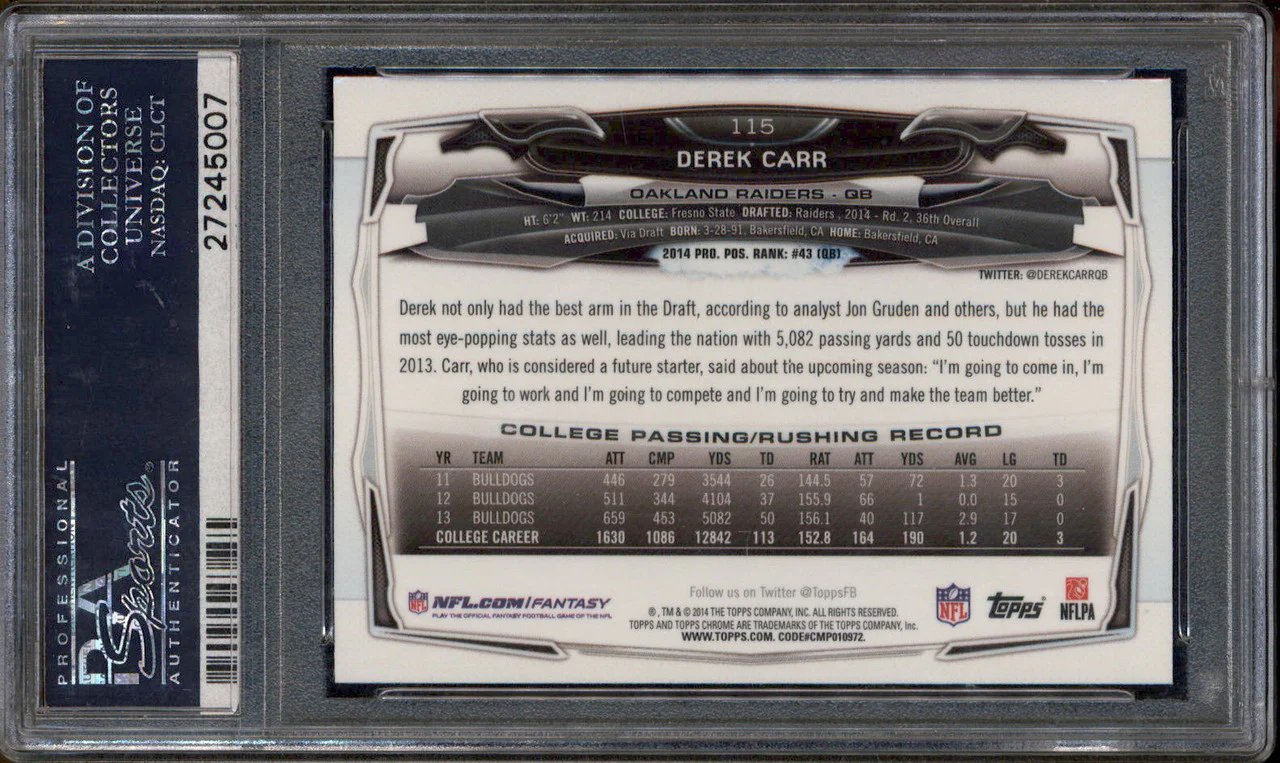 2014 Topps Chrome #115 Derek Carr With Ball RC Rookie PSA 10 - Image 2
