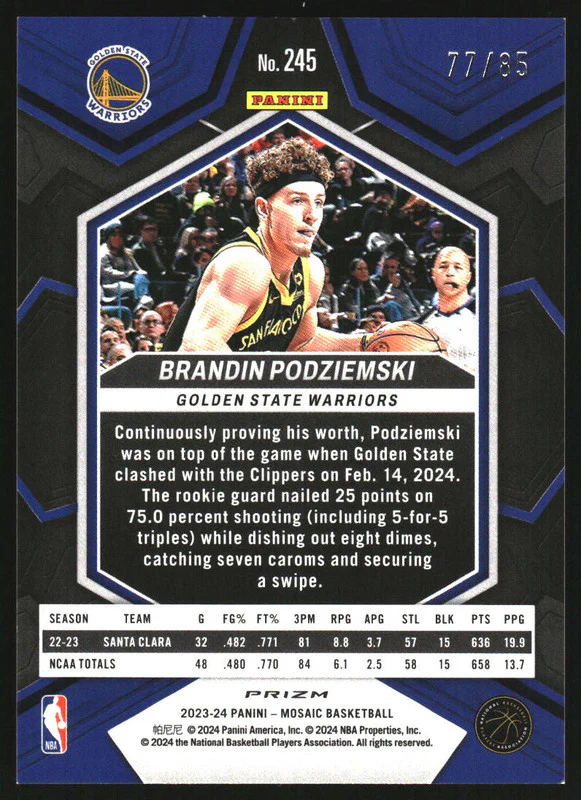 2023-24 Panini Mosaic Fast Break Blue #245 Brandin Podziemski RC /85 - Image 2