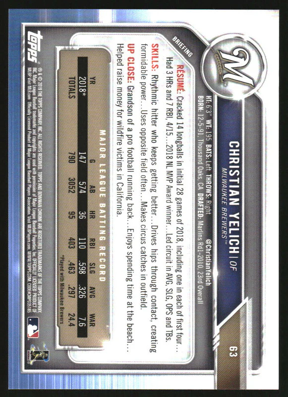 2019 Bowman Chrome Gold Refractor #63 Christian Yelich /50 - Image 2