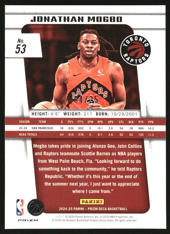 2024-25 Panini Prizm Deca Mojo Prizms #53 Jonathan Mogbo RC /25 - Image 2