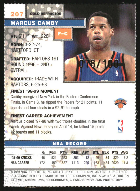 1999-00 Topps Finest Gold Refractors #207 Marcus Camby /100 - Image 2