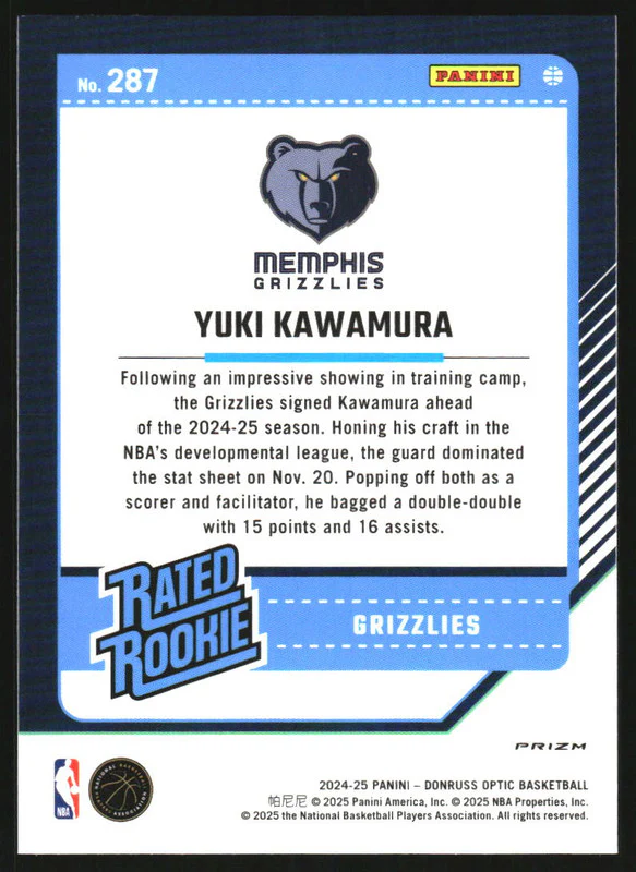 2024-25 Panini Donruss Optic Rated Rookie Photon #287 Yuki Kawamura RC - Image 2