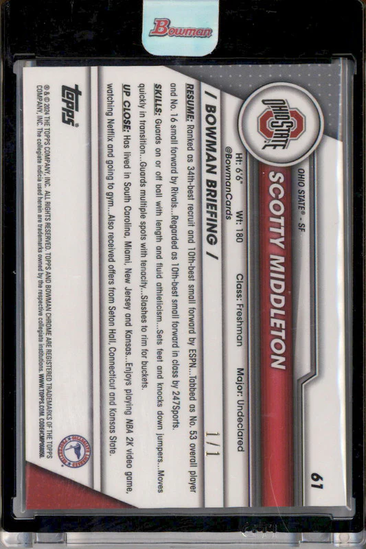 2023 Bowman University Chrome Black Shimmer Refractor #61 Scotty Middleton 1/1 - Image 2