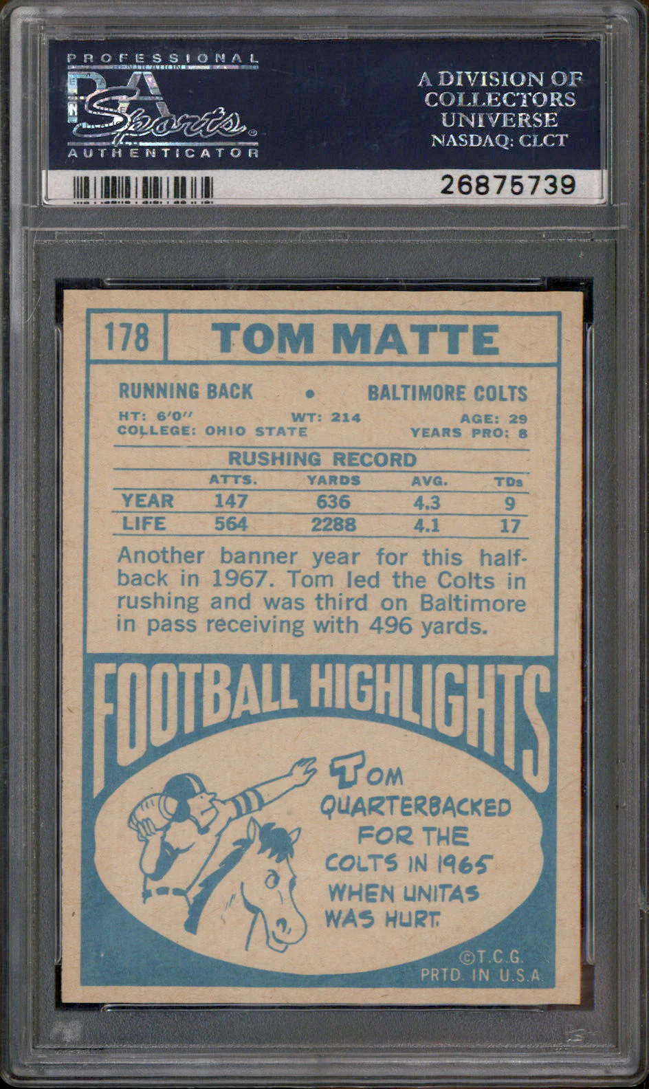 1968 Topps #178 Tom Matte PSA 9 - Image 2