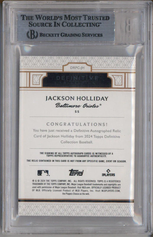 2024 Topps Definitive Rookie Patch Auto Purple Jackson Holliday RC /10 BGS 9 - Image 2