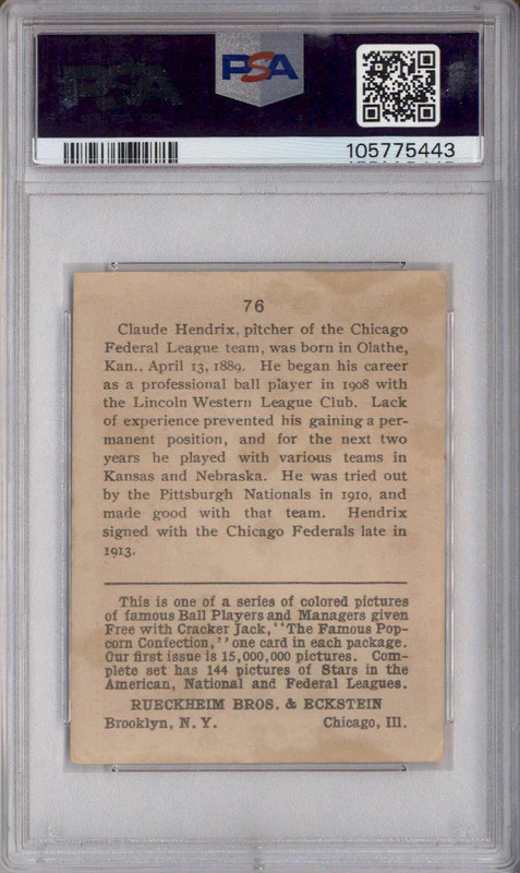 1914 Cracker Jack #76 Claude Hendrix PSA 2 - Image 2