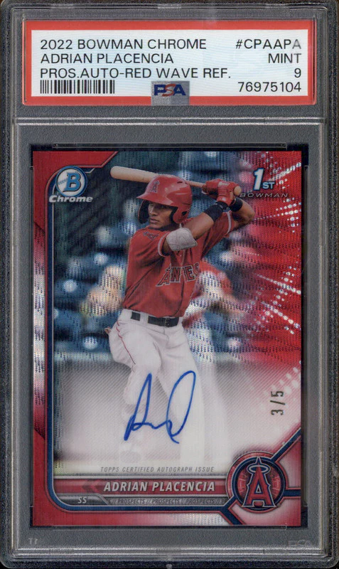 2022 Bowman Chrome Prospect Auto Red Wave #CPAAPA Adrian Placencia RC /5 PSA 9