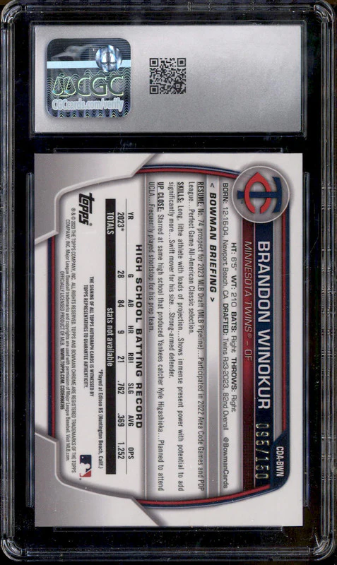 2023 Bowman Draft Blue Wave Refractor Brandon Winokur RC Auto /150 CGC 10 - Image 2
