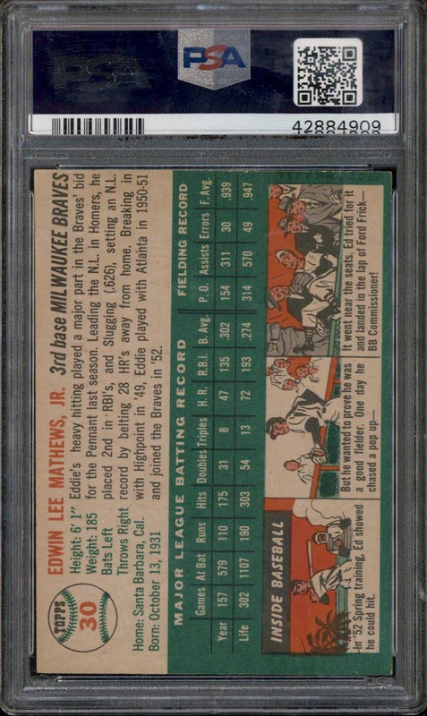 1954 Topps #30 Ed Mathews Autograph Auto PSA Authentic - Image 2