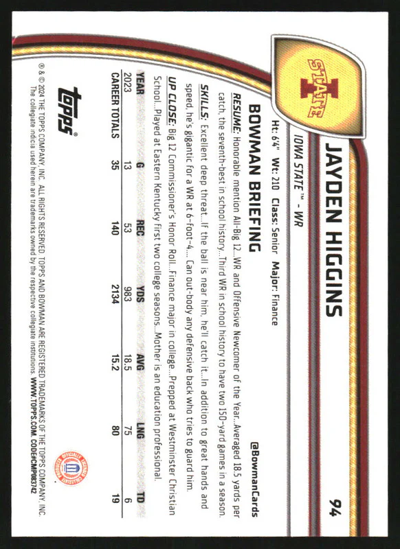 2024 Bowman Chrome University Sapphire Chrome Gold Refractor Jayden Higgins /50 - Image 2