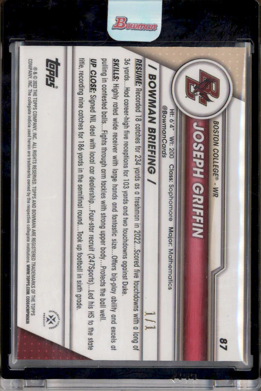 2023 Bowman University Chrome Black Shimmer Refractor #87 Joseph Griffin 1/1 - Image 2