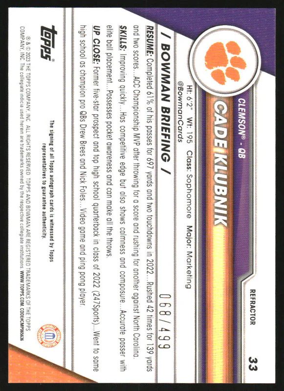 2023 Bowman University Chrome Autographs Refractor #33 Cade Klubnik Auto /499 - Image 2