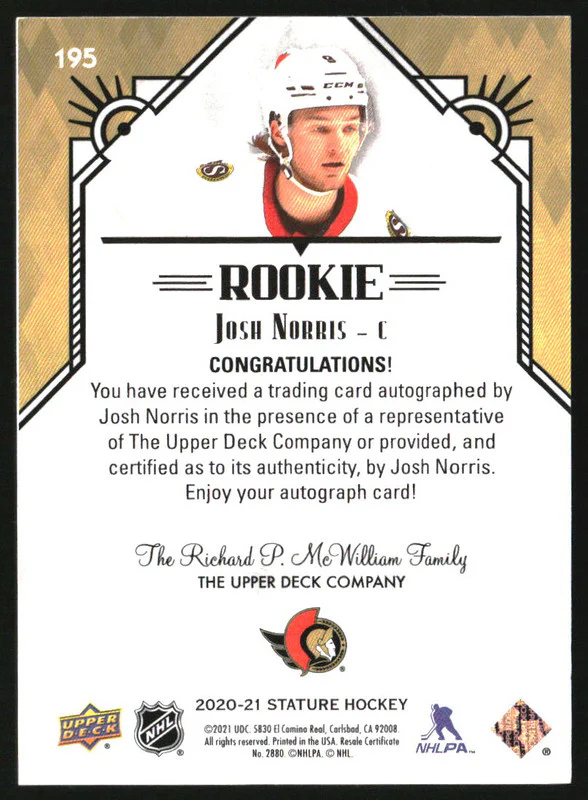2020-21 Upper Deck Stature Autographs Red #195 Josh Norris RC Auto /45 - Image 2