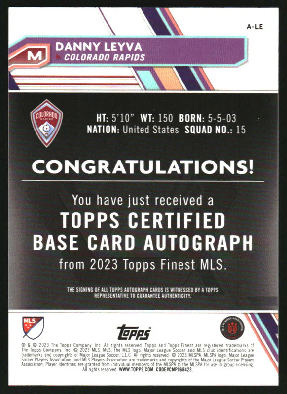 2023 Topps Finest MLS Autographs Red Refractor #A-LE Danny Leyva Auto /5 - Image 2
