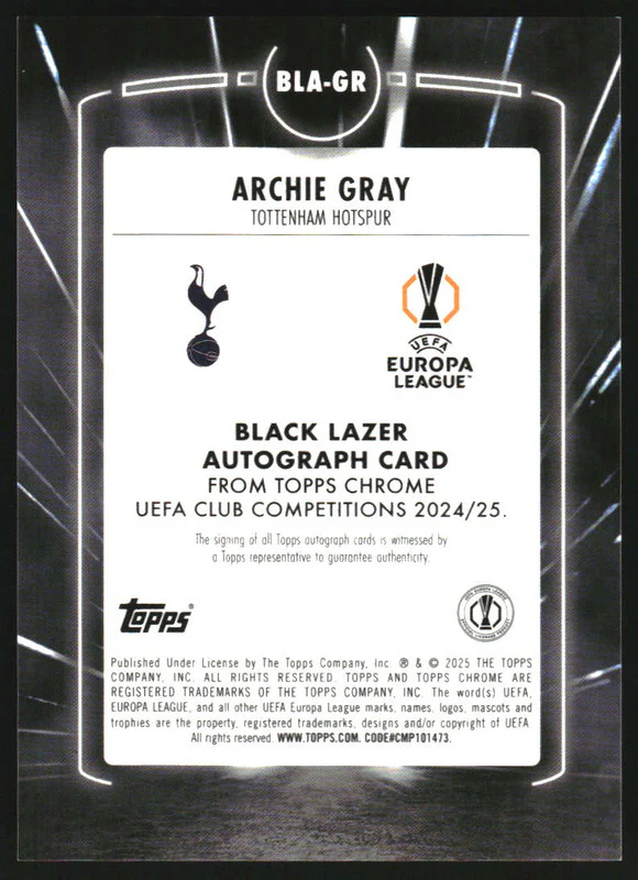 2024-25 Topps Chrome UEFA Black Lazer Autographs #BLA-GR Archie Gray Auto - Image 2