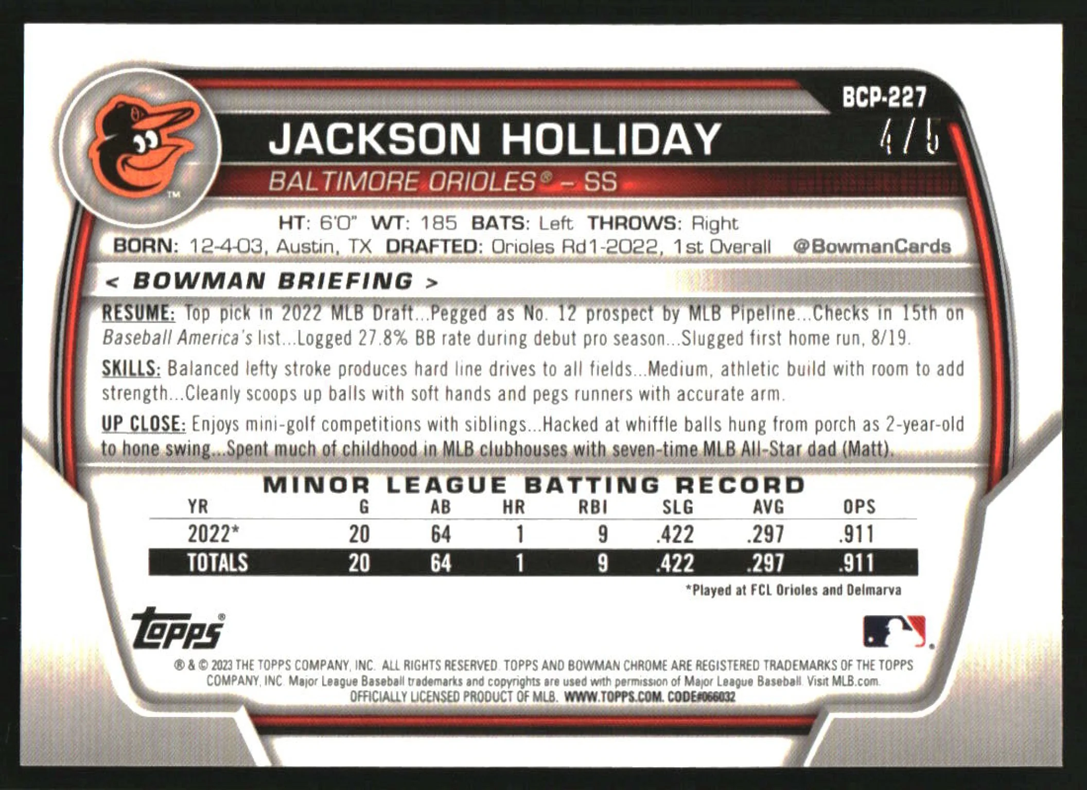 2023 Bowman Chrome Prospects Mega Box Red Refractor #BCP-227 Jackson Holliday /5 - Image 2