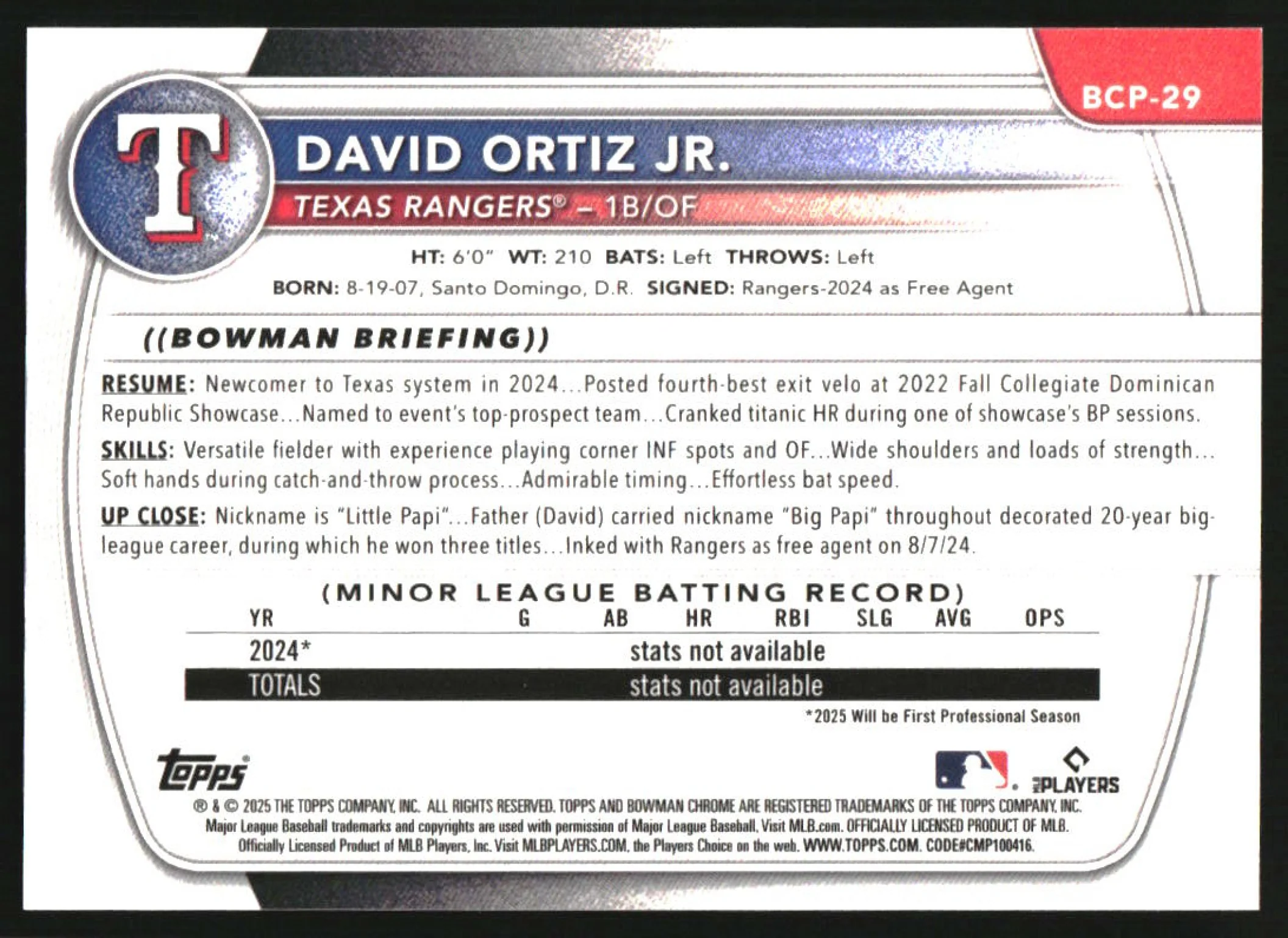 2025 Bowman Chrome Prospects Rose Gold Refractors #BCP29 David Ortiz Jr. RC /15 - Image 2