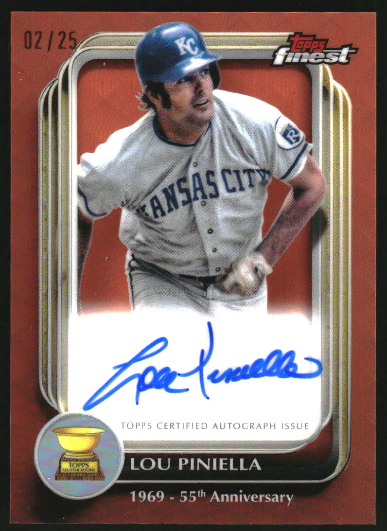 2025 Topps Finest Rookie Cup Anniversary Orange Refractor Lou Piniella Auto /25
