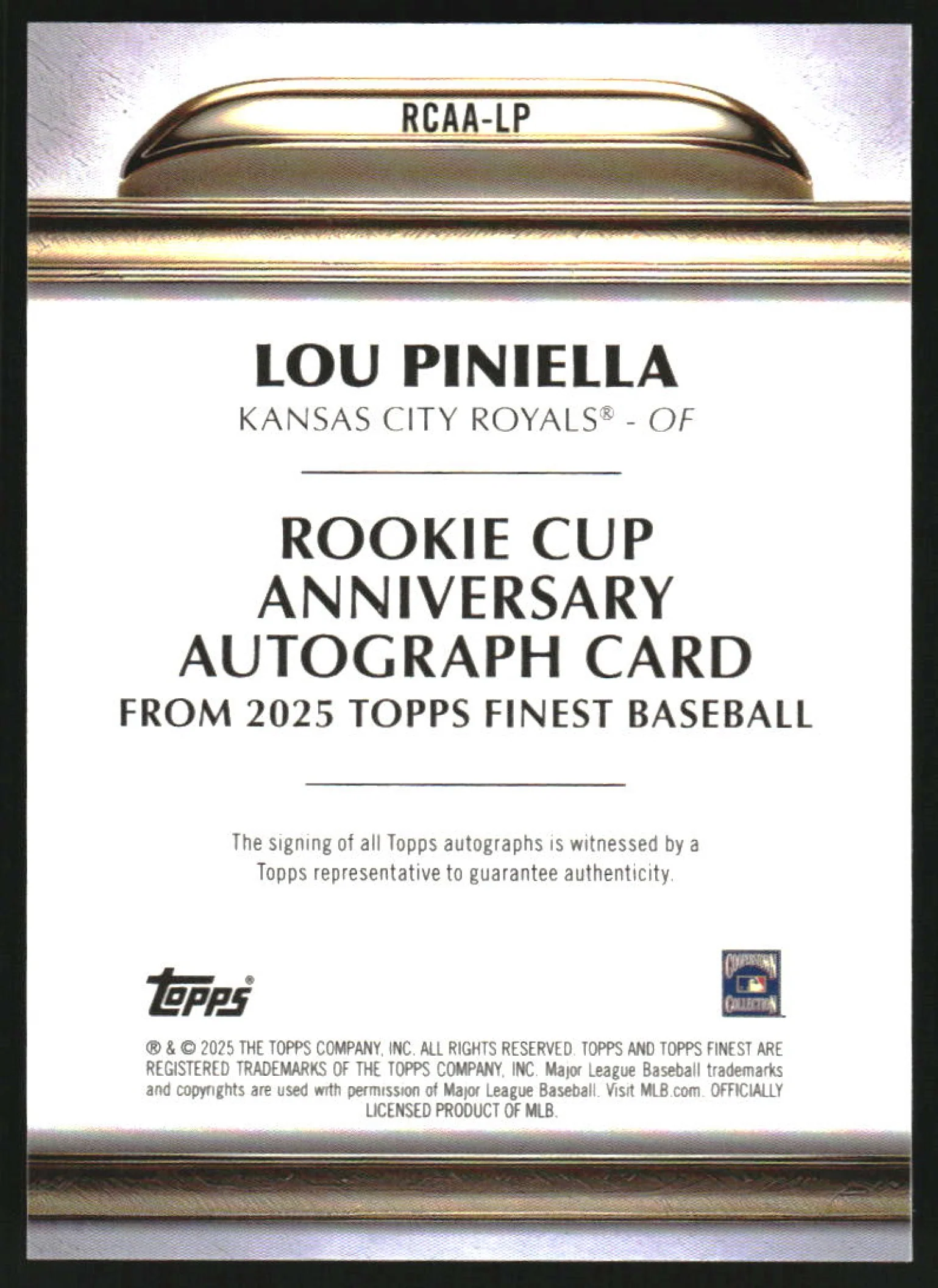 2025 Topps Finest Rookie Cup Anniversary Orange Refractor Lou Piniella Auto /25 - Image 2