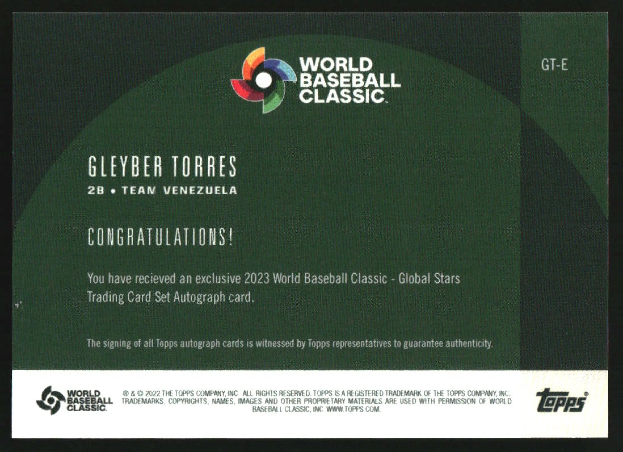 2023 Topps World Baseball Classic Global Stars Orange Gleyber Torres Auto /10 - Image 2